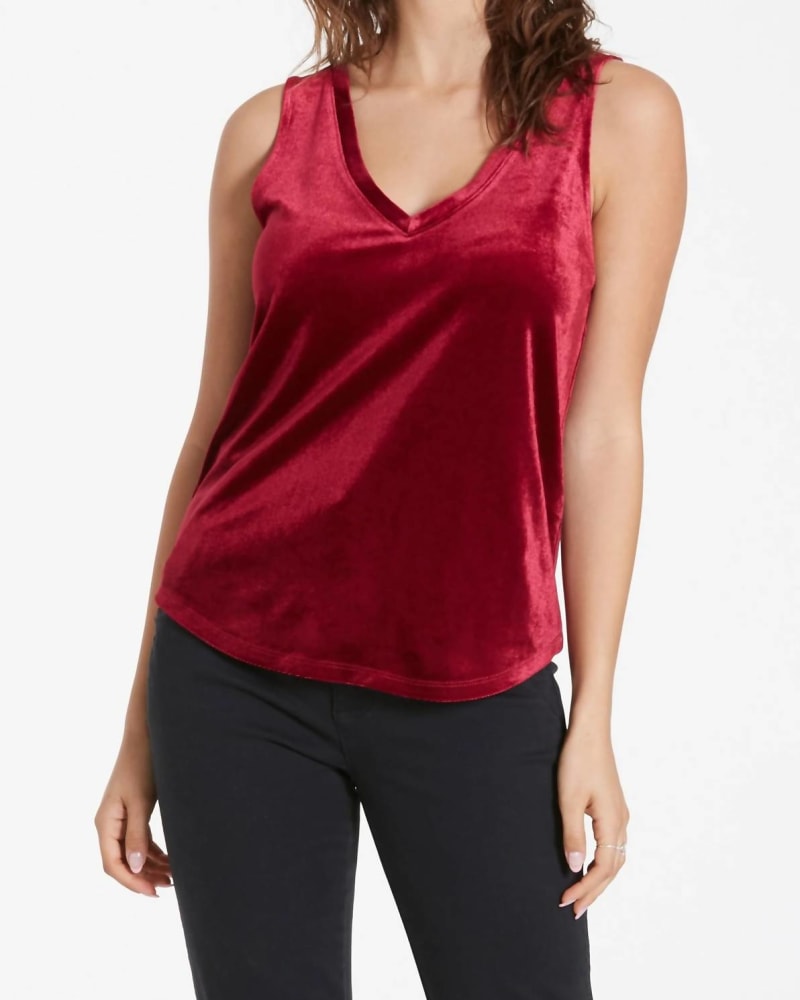 Front of a model wearing a size L Acacia Tank Top in Berry Pie in Berry Pie by Another Love. | dia_product_style_image_id:332471